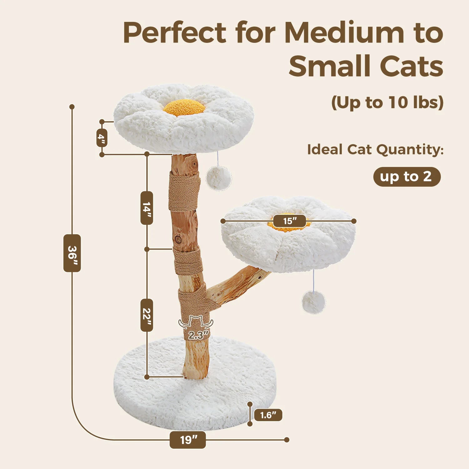 Solid Wood Cat Tree Tower with Spacious Condo Flower Perches Pom Poms Scratching Posts Cozy Bed for Indoor Cats Kitten Play