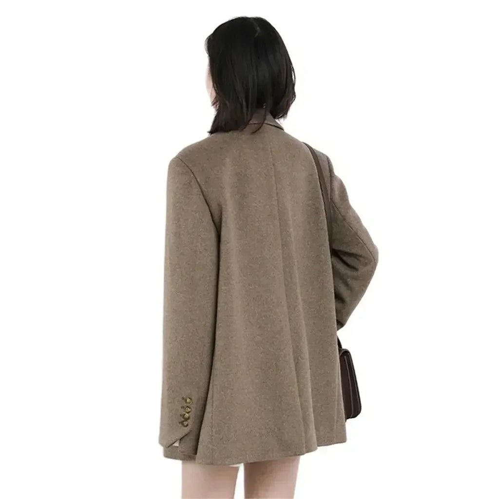 Chic Ven Casaco Feminino de Lã Mesclada Liso Médio Longo Blazer de Lã Grosso Quente Blusa Sobretudo Feminino Tops de Escritório Outono Inverno - Preto XG