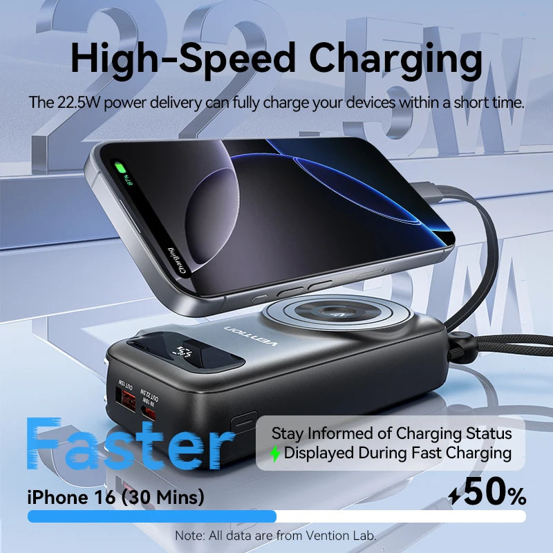 Magnetic Power Bank 10000mAh Fast Charge Built-in Cables AC Plug