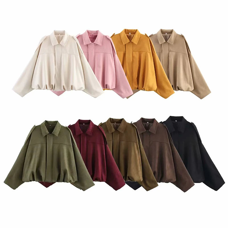 Casacos Bomber Femininos Casacos da Moda Gola Virada Manga Longa Casacos Largos Vintage Feminino Casacos Chiques Tops