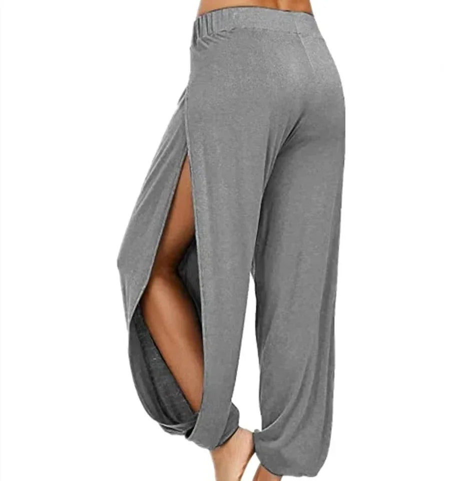 Calça Feminina Harem de Ioga com Fenda de Cintura Alta e Perna Larga Calça Legging de Academia Casual Sólida Vazada para Treino Calça para Academia e Uso Doméstico