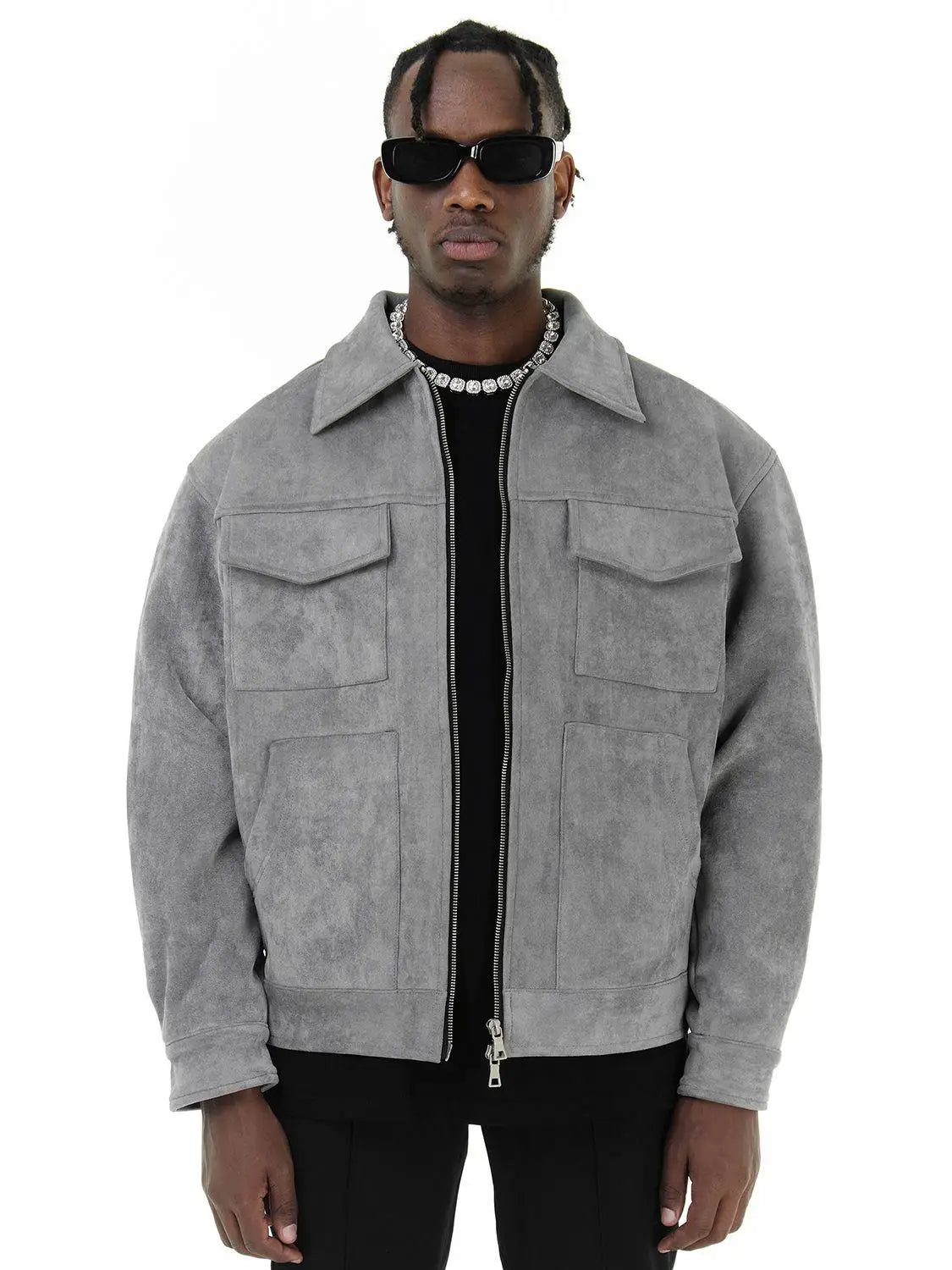 Jaquetas de Outono Roupa Casual Oversized Bolsos de Rua Gola Lapela Zíper Camurça Casaco Grosso Quebra-Vento Masculino Solto