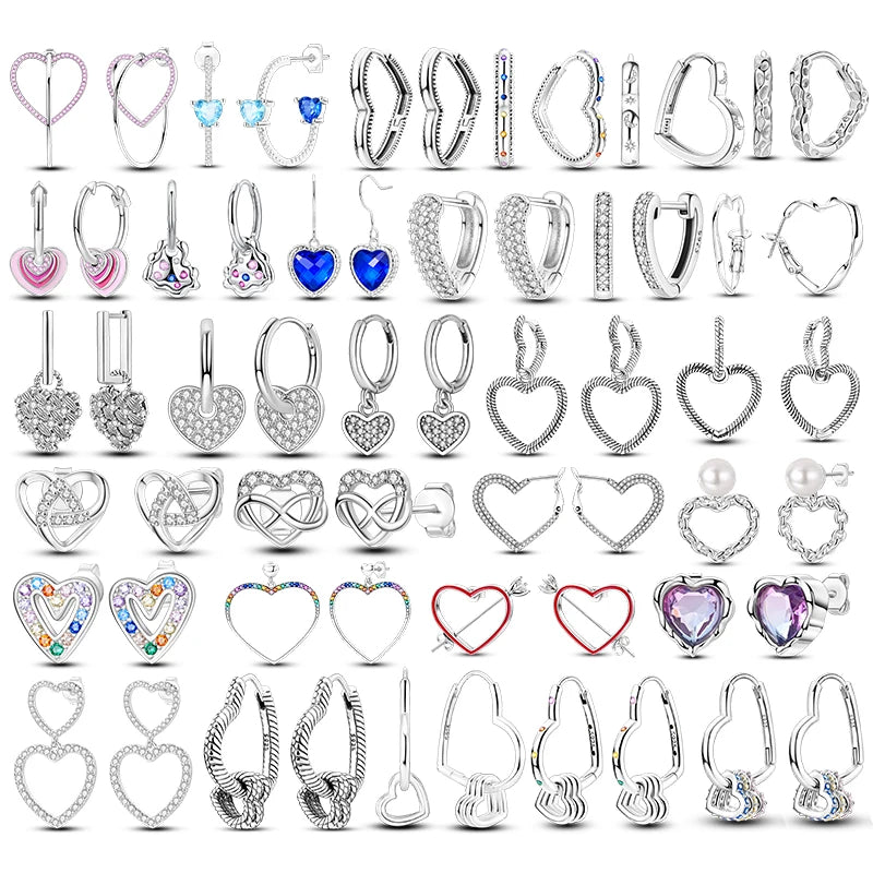 Brincos de Argola Coração Amor Brilhante Zircônia 925 Prata Esterlina Original para Mulheres Aniversário de Casamento Joia de Presente