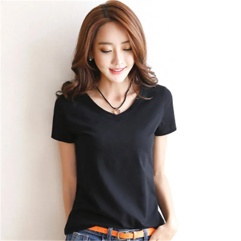 Solid Women Cotton T Shirt V Neck Short Sleeve Female Tee Slim White And Balck T Shirt Casual Solid Lady Tshirt Tops - White V-Neck M