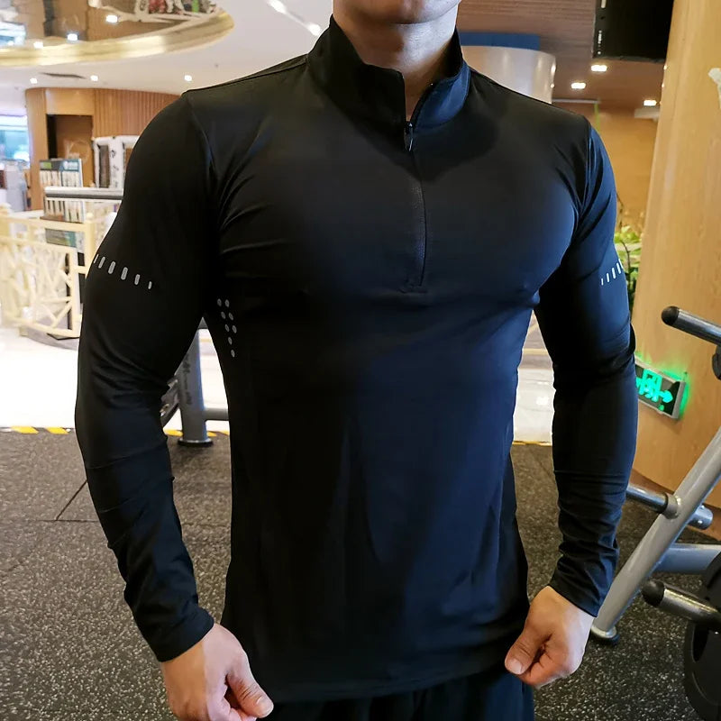 Camisa Masculina Manga Longa Compressão para Corrida Secagem Rápida Academia Fitness Ciclismo Zíper Rashguard