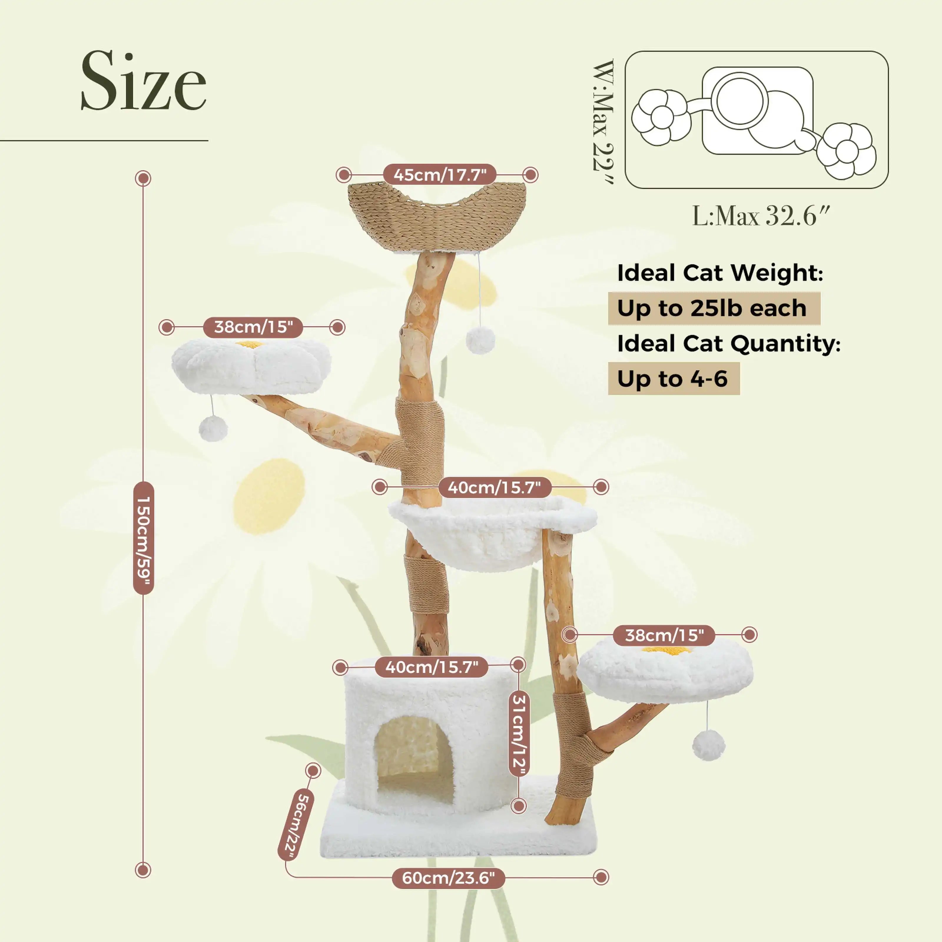 Solid Wood Cat Tree Tower with Spacious Condo Flower Perches Pom Poms Scratching Posts Cozy Bed for Indoor Cats Kitten Play