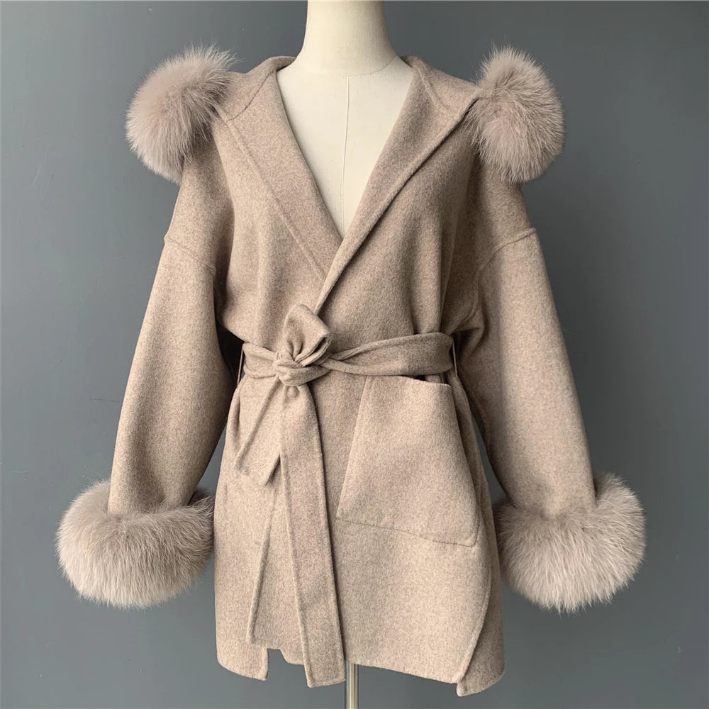 Jxwatcher Casaco de Lã e Misturas de Moda, Comprimento Médio, Jaqueta de Cashmere com Capuz, Gola e Punhos de Pele de Raposa 100% Real, Casaco de Inverno para Mulheres