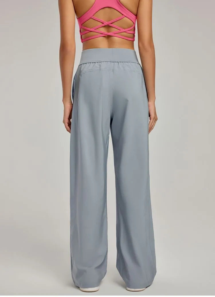 Calças Femininas Perna Larga Cintura Alta Solta Calças de Verão Casuais para Yoga Caimento Respirável Calça de Ginástica e Lazer Roupa Feminina