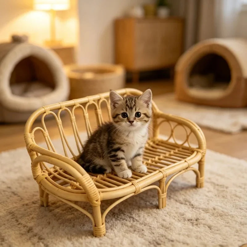 Natural Rattan Cat Sofa Bed Handwoven Cat Photography Prop Wicker Pet Bed for Indoor Cats Mini Photo Shoot Bed for Kittens