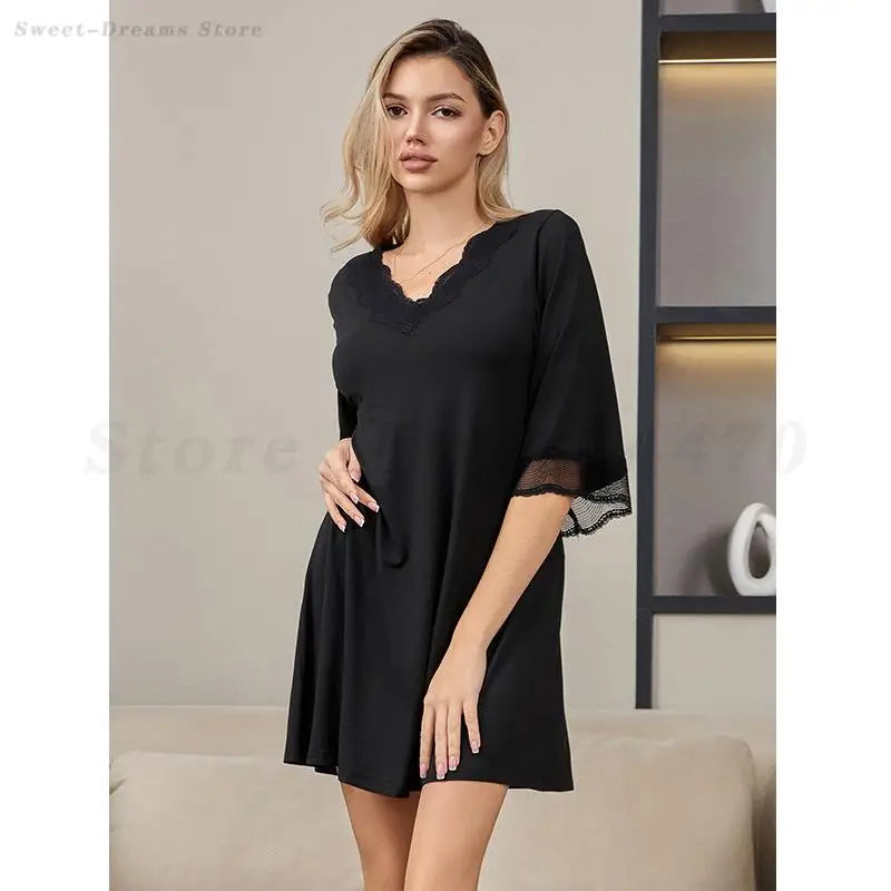 Pijama Feminino Sexy de Renda com Decote V Camisola de Algodão Modal Roupa de Casa Solta Casual Meia Manga Camisola Lingerie Íntima Roupa de Dormir