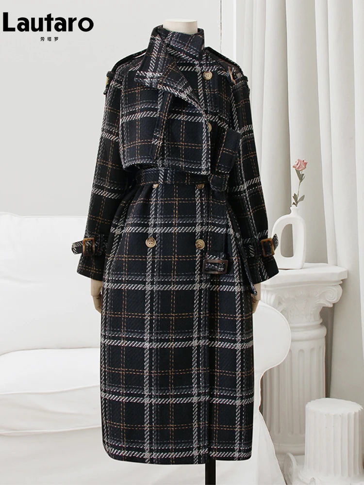 Lautaro Outono Inverno Longo Solto Quente Xadrez Lã Misturada Trench Coat para Mulheres Manga Raglan Cinto Abotoamento Duplo Sobretudo de Lã