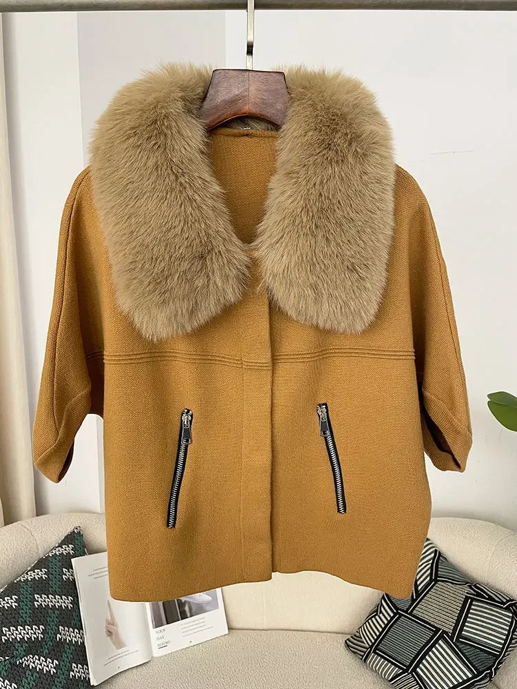 OFTBUY New Autumn and Winter Women Cardigan Short Knitted Sweater Solid Color with Faux Fur Collar Three Quarter Sleeves Coat