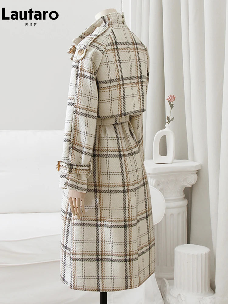 Lautaro Outono Inverno Longo Solto Quente Xadrez Lã Misturada Trench Coat para Mulheres Manga Raglan Cinto Abotoamento Duplo Sobretudo de Lã