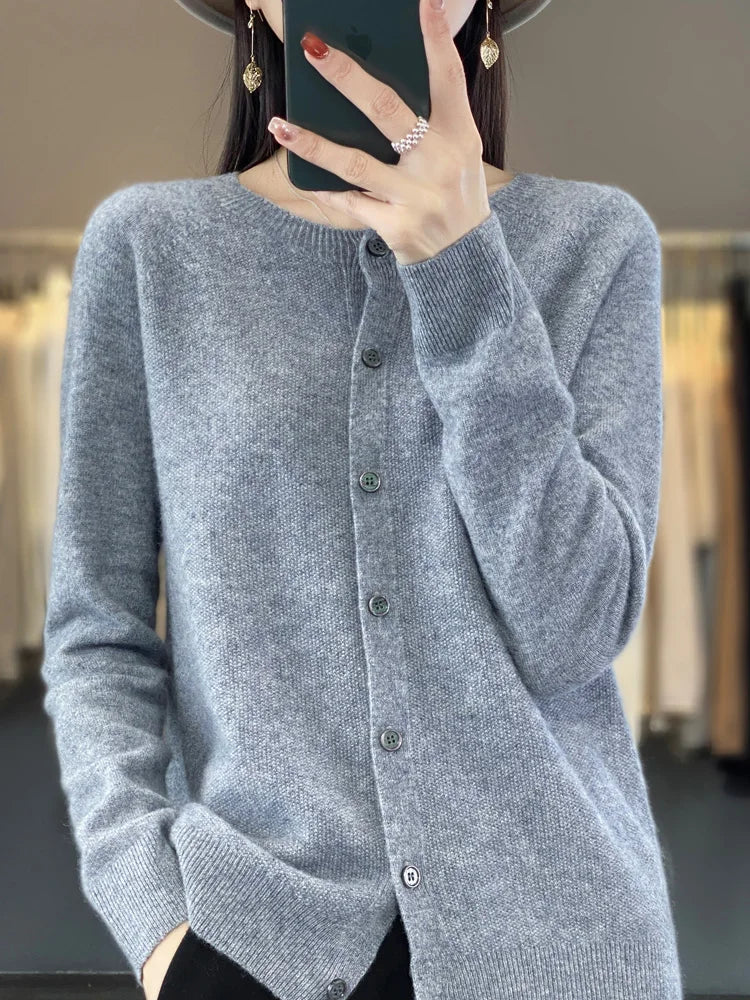Cardigã Feminino de Lã Merino 100% Cashmere, Suéter para Outono Inverno, Gola Redonda, Manga Longa, Malha Feminina, Roupas Básicas, Blusas - Shumei XXL