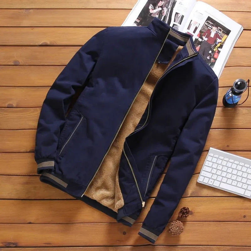 Jaqueta Masculina Aviador Outono E Inverno Nova Moda Forrada De Lã Grossa E Quente Jaqueta De Beisebol Cor Sólida Zíper Tamanho Grande M-5GG