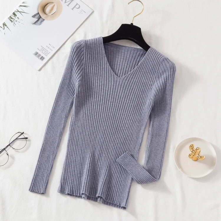 Outono Inverno Mulheres Suéteres Casuais Manga Longa Tricô Gola V Pulôver Suéter Feminino Básico Sólido Jersey Tops Roupas da Moda