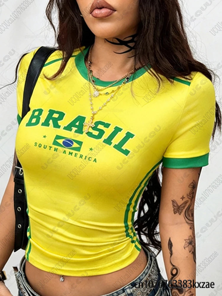 Blusa Cropped Estética Artística BRASIL com Estampa de Letras para Mulheres Vintage Street Sexy Manga Curta Camisetas Estudantis Verão Cropped Top Roupas Y2k