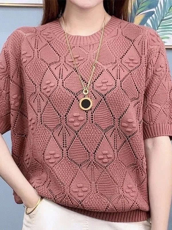 Camiseta Feminina Solta de Tricô Efeito Emagrecedor em Seda Gelada Manga Curta Verão Fina Moda Casual Vazada Decorada Co...