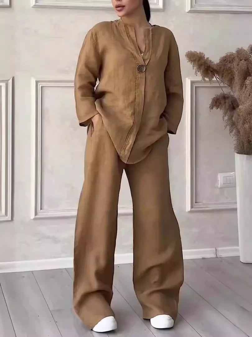 Conjunto de Linho e Algodão 2 Peças Blusa de Manga Comprida Solta com Botão e Calça Pantalona Larga de Cintura Alta Elástica NMD-3021