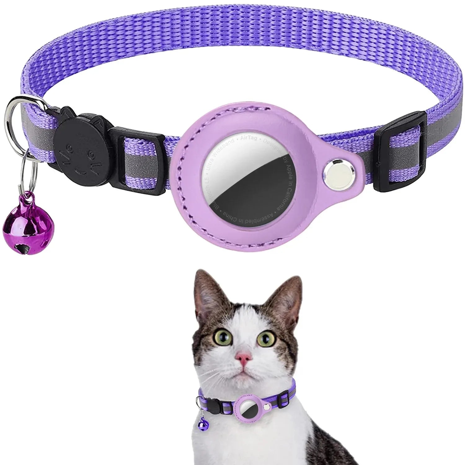 Coleira Refletiva para Gatos AirTag com Sino Fivela de Segurança Destacável Suporte para Rastreador GPS para Gatinhos Gatos Pequenos Animais de Estimação Anti-Perda