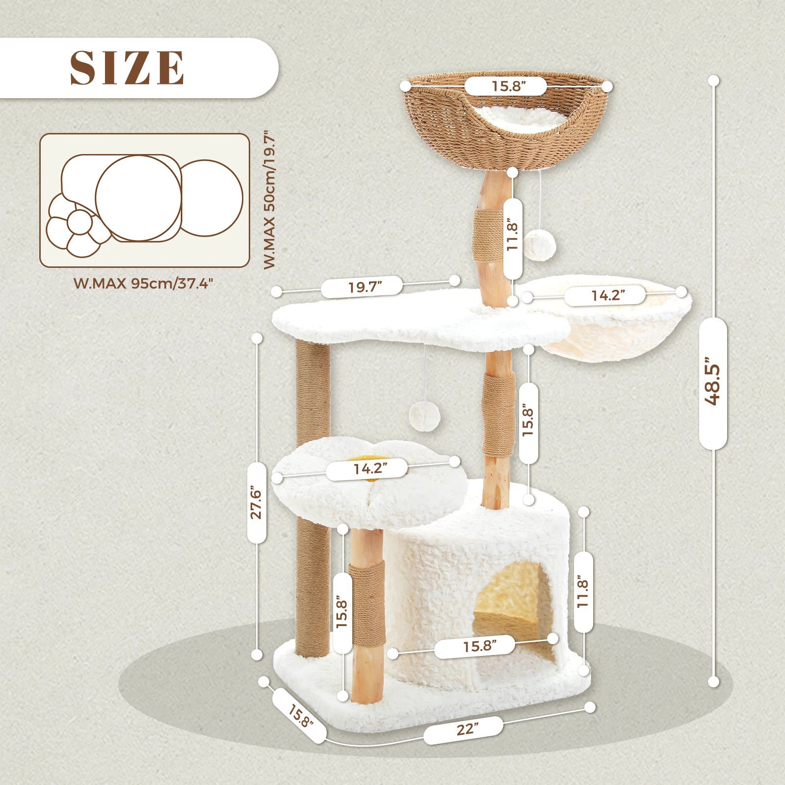 Solid Wood Cat Tree Tower with Spacious Condo Flower Perches Pom Poms Scratching Posts Cozy Bed for Indoor Cats Kitten Play