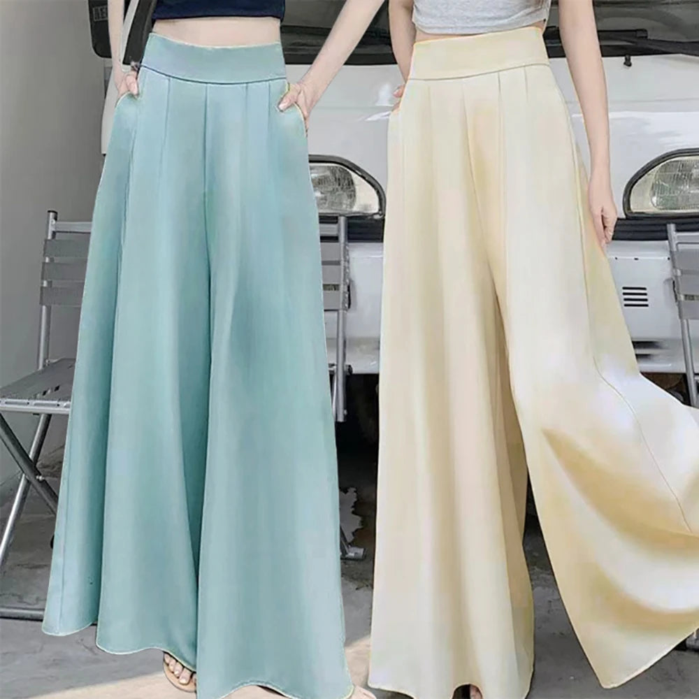Tendência de Roupa Feminina 2024 Saia Calça de Perna Larga com Barra Grande Calça Feminina Casual Calça Social Elegante Básica de Cintura Alta para Escritório