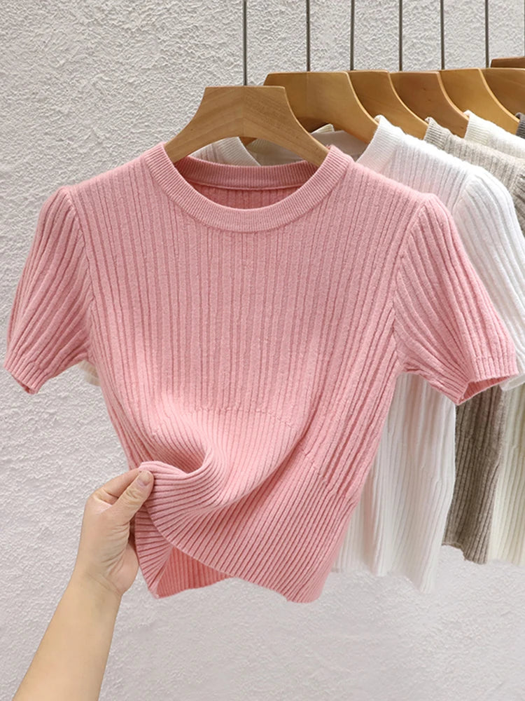 Camisetas de verão 2026 femininas casuais coreanas de malha streetwear tees básicas sólidas jovens blusas frescas - Vermelho Tamanho Único