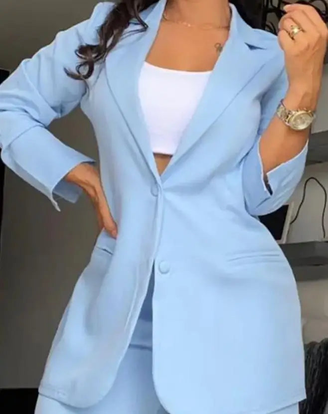 Conjunto Feminino Duas Peças Outono 2024 Nova Moda Casual Sólido Diário Blazer Colegial com Gola Entalhada e Calça com Bolsos