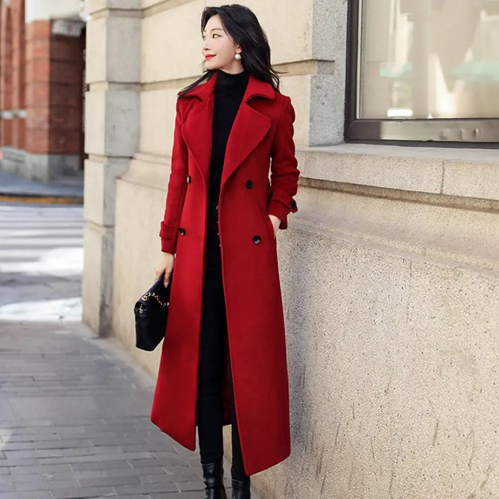 Sobretudo de Inverno Elegante Abotoamento Duplo Cinto na Cintura Jaqueta Longa de Lã Moda Térmica Grossa Feminina Trench Coat de Lã de Inverno