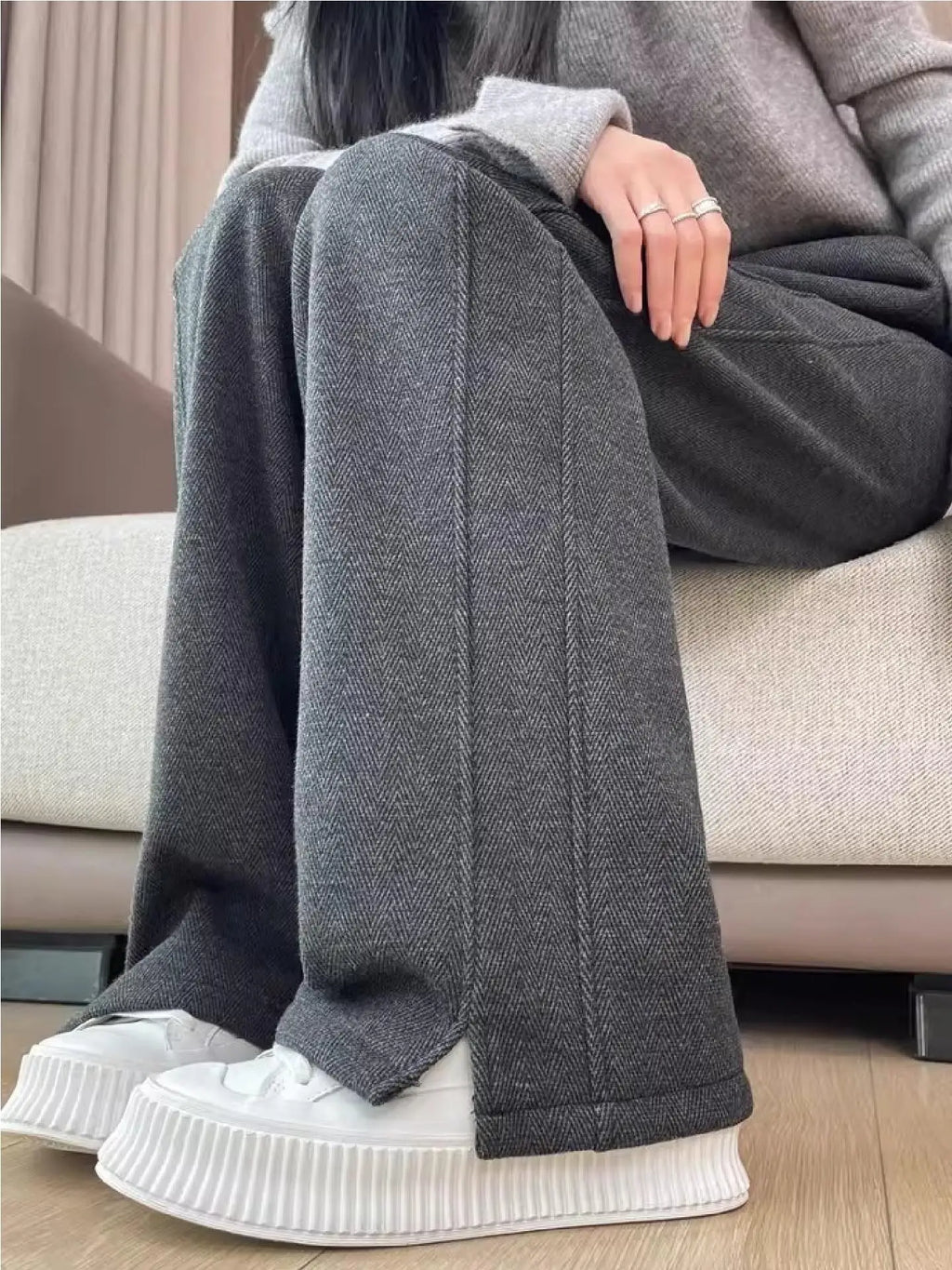 Calças Femininas de Lã Grossa Reta de Cintura Alta Perna Larga Outono Inverno Casual Design de Bolso Mistura de Algodão 1 - 4xl recomendado 72.5-80kg Cor Aveia [primavera e outono]