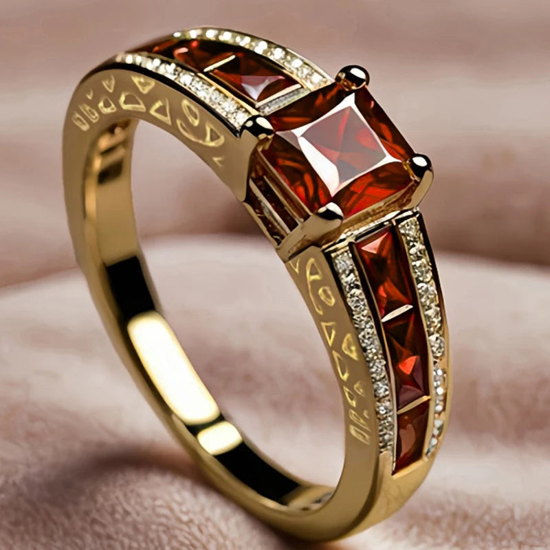 Huitan Princess Garnet Cubic Zirconia Rings for Women Luxury Gold Color Wedding Band Accessories Elegant Lady’s Party Jewelry