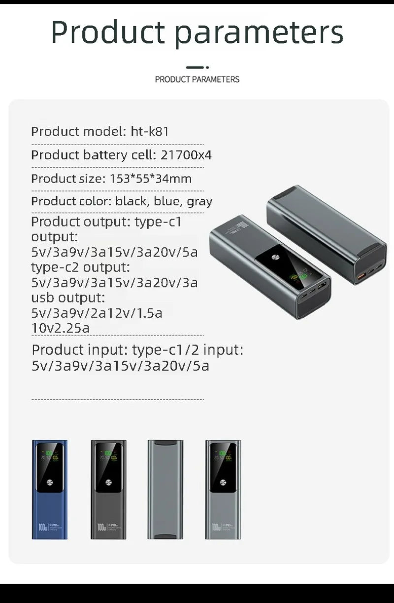 Power Bank 20000mAh 100W Fast Charge Portable Bidirectional