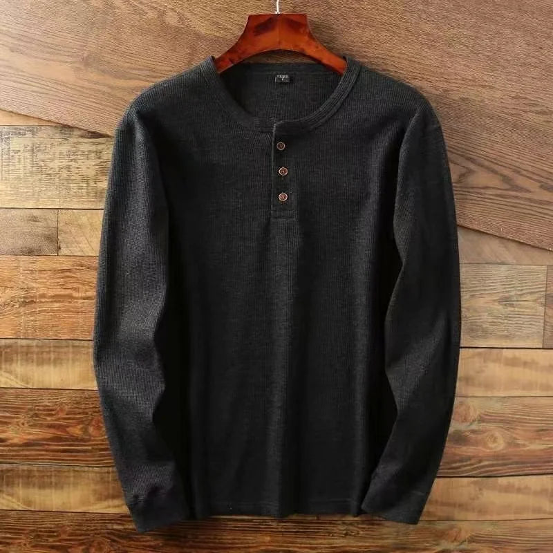 Camiseta Masculina Slim Fit Básica Casual Camisas Henley Waffle Manga Longa Camisas Térmicas Sólidas Meio Botão Respiráveis de Algodão
