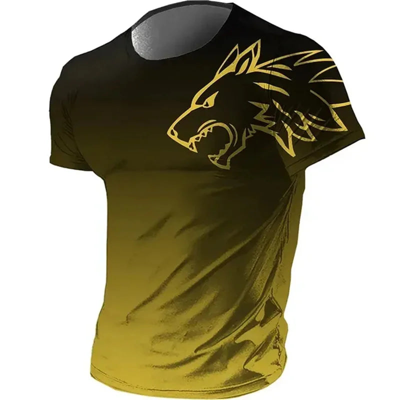 Camiseta masculina fitness sportswear verão 2024 vintage masculina 3D estampada secagem rápida gradiente animal lobo manga curta
