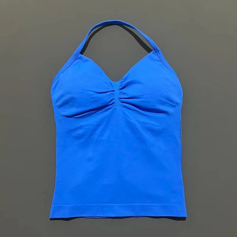 Conjuntos de Academia Femininos 2 Peças Impacto Sem Costura Fitness Yoga Roupa Esportiva Halter Top Shorts Roupa de Treino Corrida Roupa de Academia