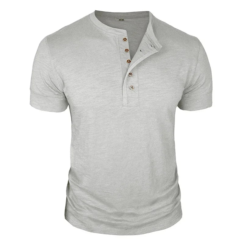 Camisetas masculinas de verão europeias e americanas, camisa Henley de algodão masculina de manga curta, camiseta masculina casual de gola redonda