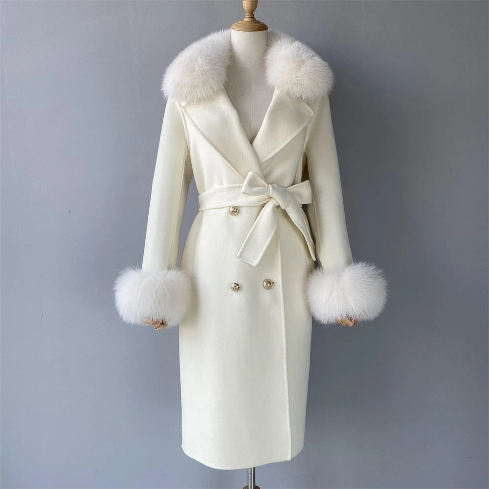 Jxwatcher Cashmere Lã Casaco Primavera Real Fox Colarinho Casaco de Lã de Trincheira Mulheres Inverno Casaco Quente Venda Longo Estilo Casacos de Lã