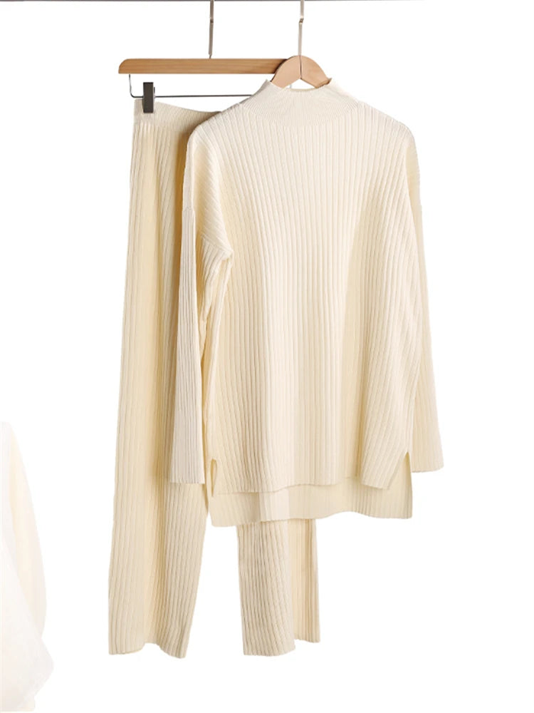 Conjuntos Femininos de Inverno Outono 2 Peças Agasalho de Malha Gola Rolê e Calça Jogger Reta