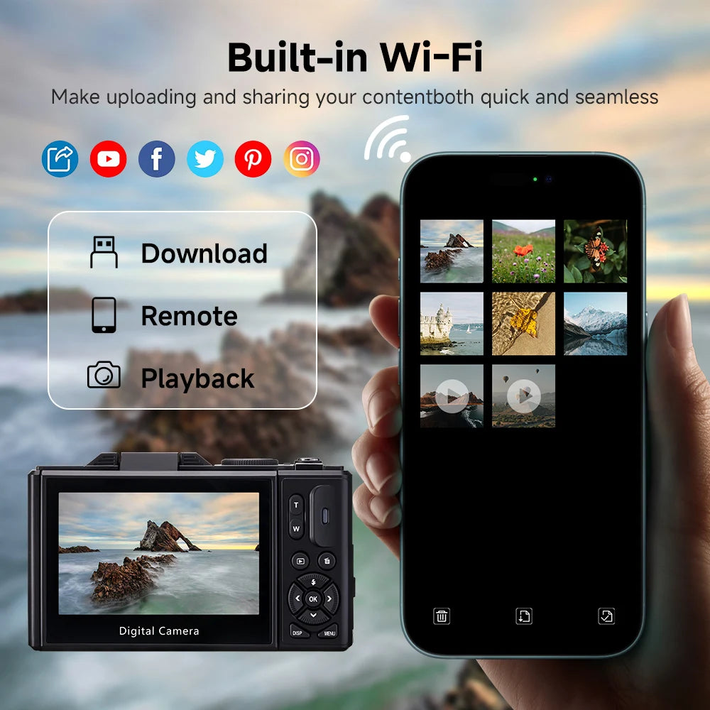 75MP Digital Camera 5K 18X Zoom 180° Flip Screen WiFi Vlog