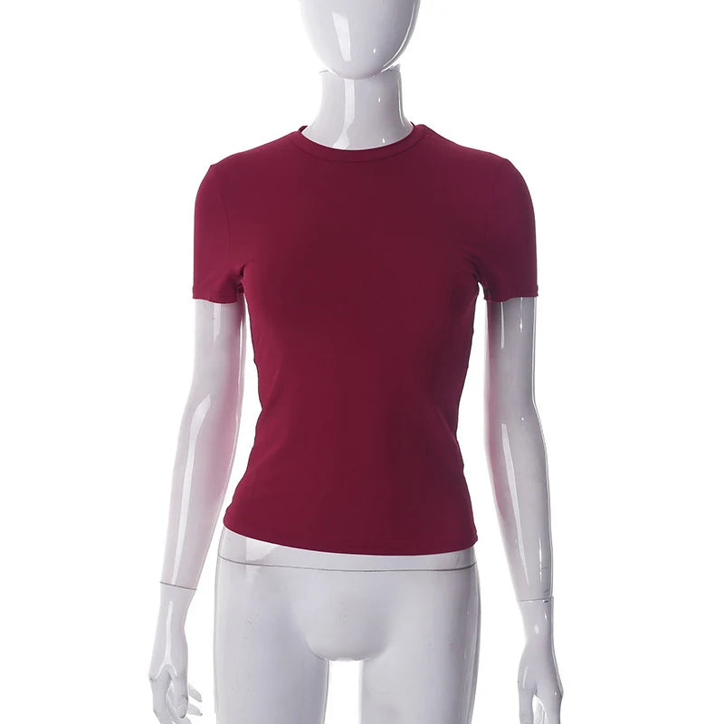 2023 Primavera Nova Camiseta Manga Curta Feminina Cor Sólida Simples Casual Macia Versátil Quente Básica Cropped Top Camisetas Moda Verão - Bordô G
