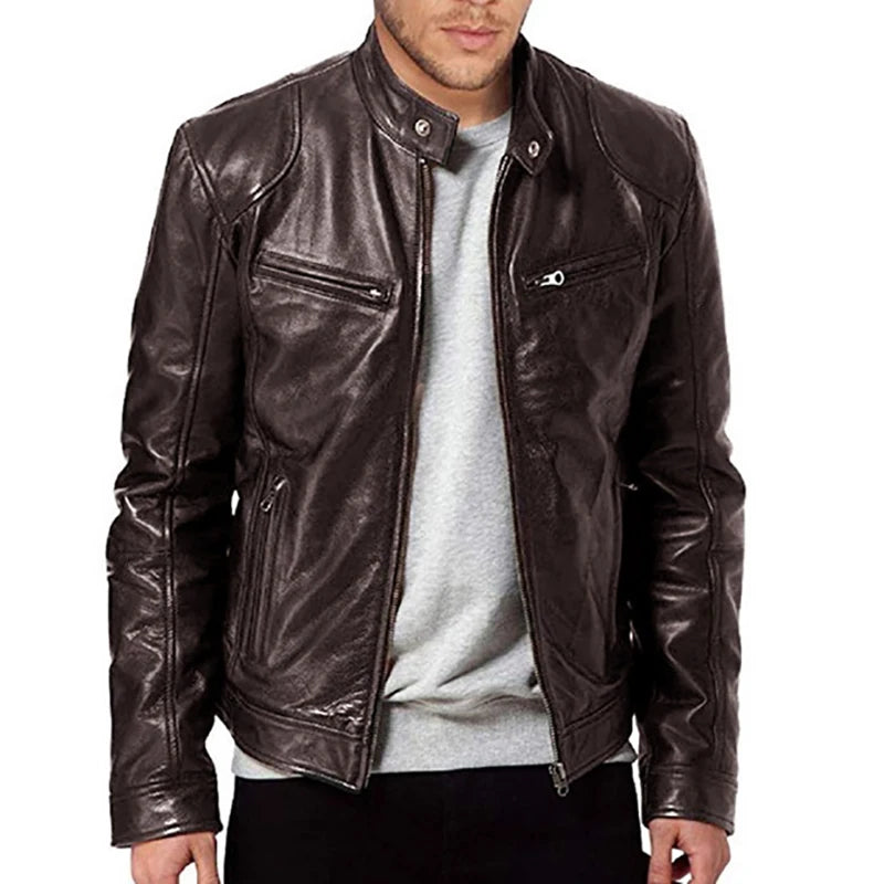Jaquetas de Couro Masculinas de Motocicleta Jaqueta Casual de Moda Masculina Jaqueta de Couro PU Slim Fit com Lapela Casaco de Couro Masculino Anti-vento para Outono