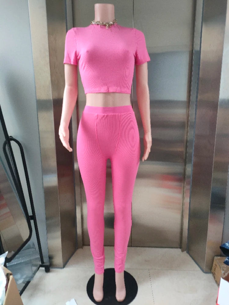 Conjuntos Femininos de Lounge Roupa Ativa 2 Peças Duas Peças Cor Sólida Algodão Canelado Gola Redonda Manga Curta Top Cropped e Legging Conjuntos de Roupa