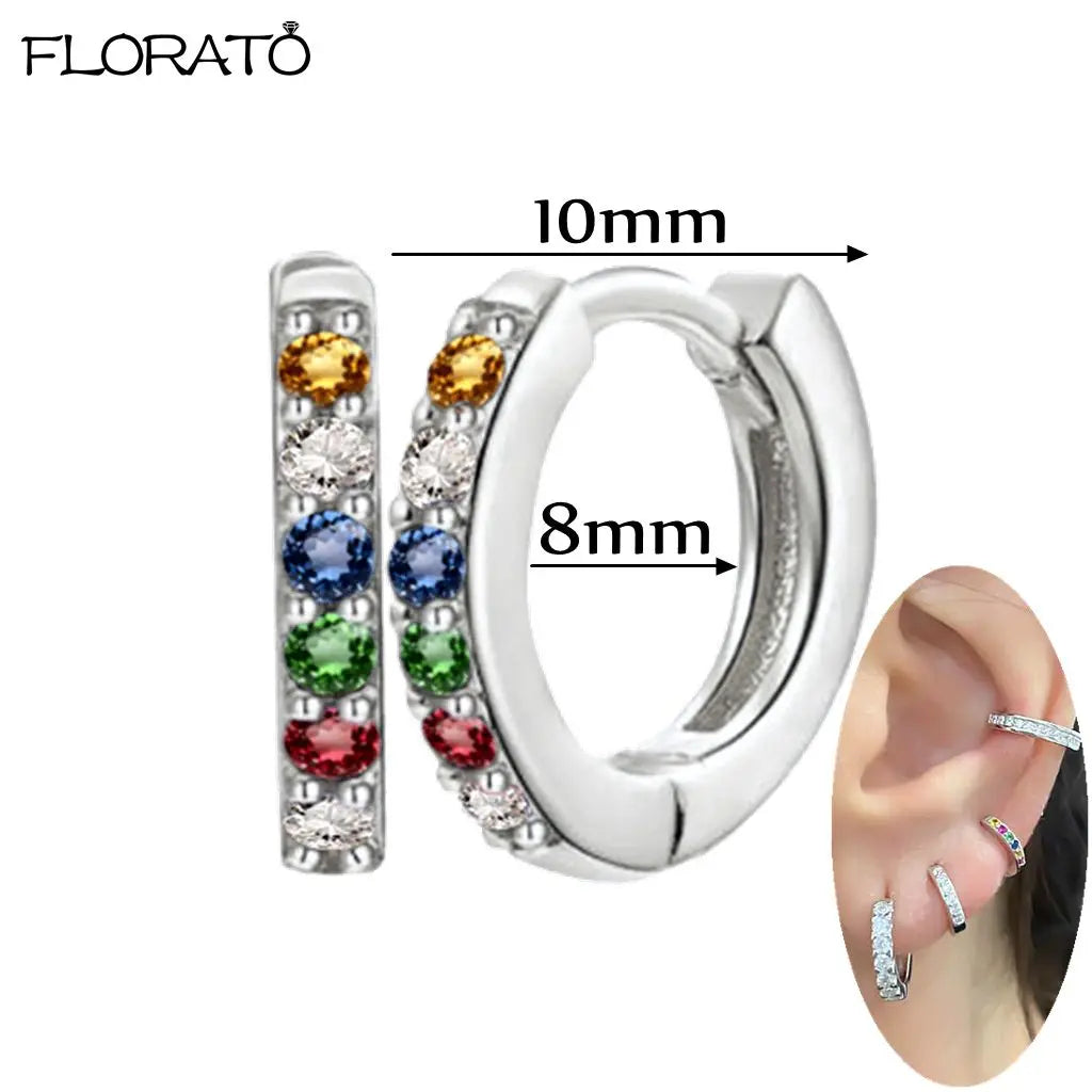 Brincos de Argola Pequenos de Prata 925 com Agulha de Cristal de 9mm para Mulheres Brincos Huggie Minimalistas Brincos de Piercing com Zircônia Colorida Joias