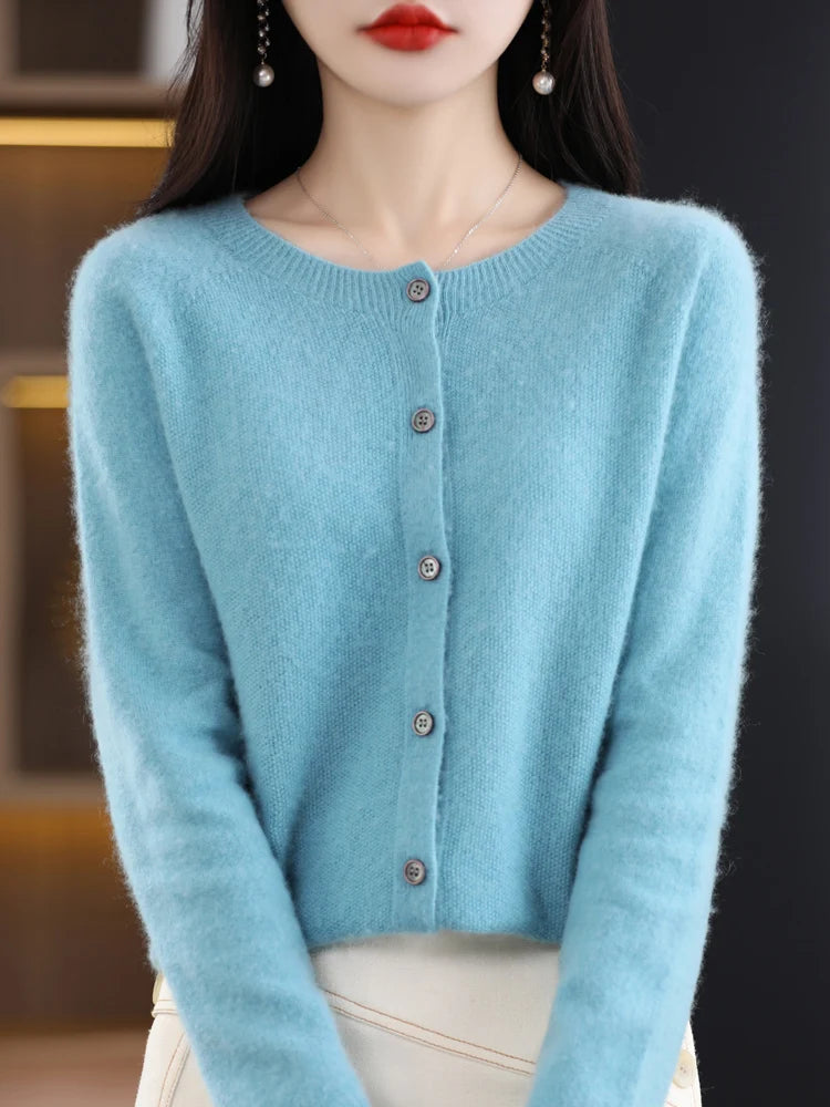 2024 Novo Cardigan Básico Chique Feminino Gola Redonda Suéter de Lã Merino Macio Roupa de Malha Elegante Casaco Primavera Outono Roupas Femininas Tops - Vermelho Shumei XXL