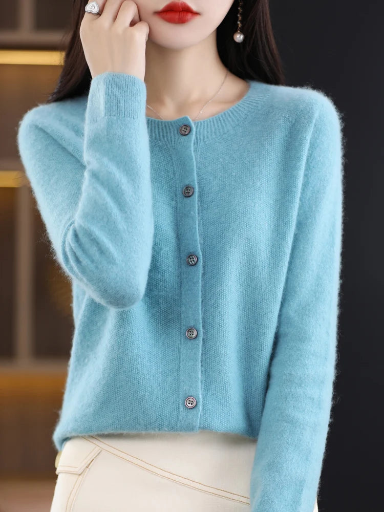 2024 Novo Cardigan Básico Chique Feminino Gola Redonda Suéter de Lã Merino Macio Roupa de Malha Elegante Casaco Primavera Outono Roupas Femininas Tops - Vermelho Shumei XXL