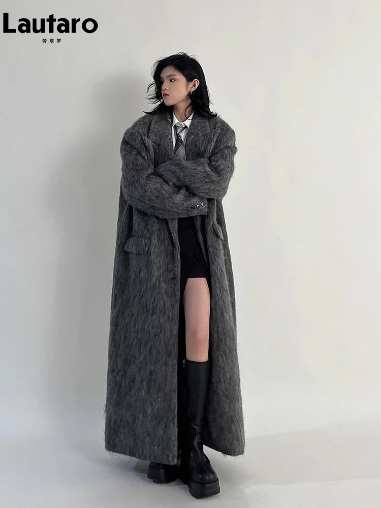 Lautaro Outono Inverno Roupas Femininas Casuais Oversized Extra Longo Cinza Quente Lã e Misturas Casaco Feminino Maxi Felpudo de Lã