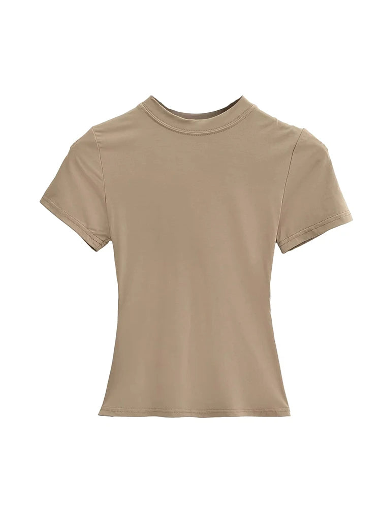 2025 New High Quality Casual T Shirt Sexy Slim Short Sleeves Fashion Trend Solid Women Clothing Y2K Tops 2 - Khaki M
