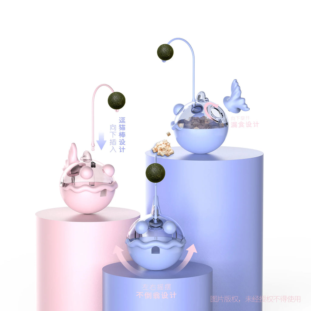 Brinquedo para Gatos Dispensa Comida Tumbler - Bolinha com Penas, Sino e Catnip com Design de Tamboril para Limpeza dos Dentes e Lambedura, Brinquedo Interativo para Gatos