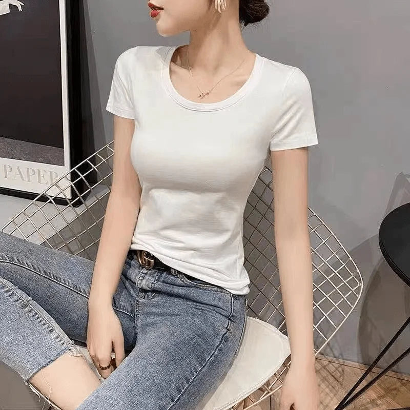 Summer Womens Slim Fit Short Sleeve T Shirt Half Sleeve Base Shirt Versatile Base Layer Top Quality Polyester Fiber Commute - M V white + v white [2-pack]
