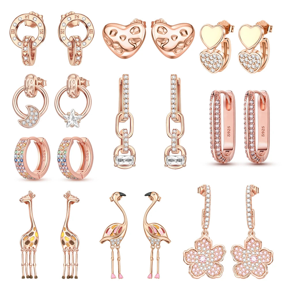 Brincos de Flamingo Girafa Estrela e Lua Flor Série Ouro Rosa Prata Esterlina 925 Joias Elegantes para Festas Presentes